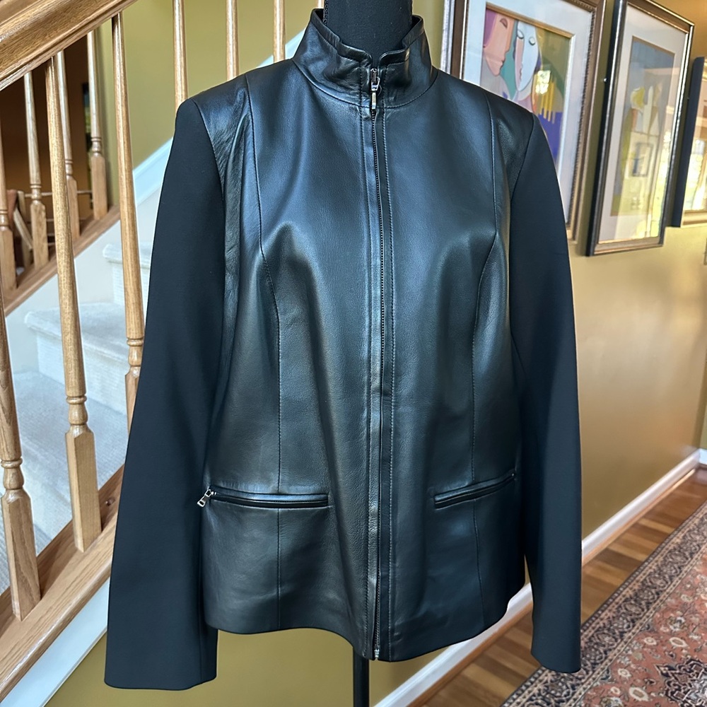Mint Conditon Talbots Black Leather Mixed Media Full Zip Jacket